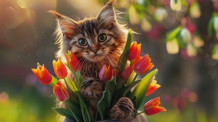 Cute Fluffy Cat Holds Bouquet of Tulips for Mother's Day