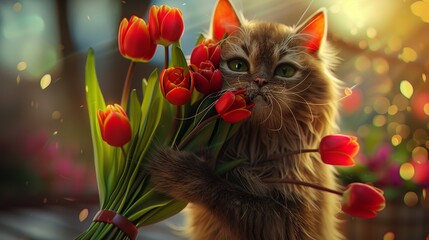 Cute Fluffy Cat Holds Bouquet of Tulips for Mother's Day
