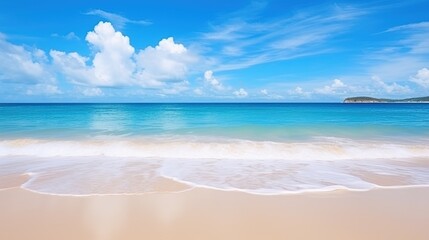 A wide panorama of a serene beach with glistening sand, gentle ocean waves, and a beautiful blue sky.
