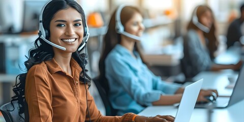 Indian call center agent in headset smiling while assisting clients on laptop. Concept Customer service, Technology, Communication, Workplace, Assistance