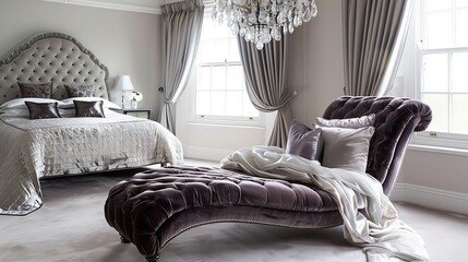 A chic bedroom with a crystal chandelier and a velvet chaise lounge