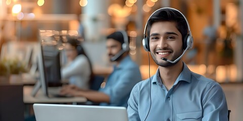 Happy Indian call center agent using headset to assist clients on laptop. Concept Customer Service, Call Center Agent, Technology, Telecommunications, Assistance