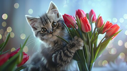 Cute Fluffy Cat Holds Bouquet of Tulips for Mother's Day