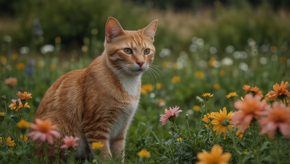 cat in field of flowers