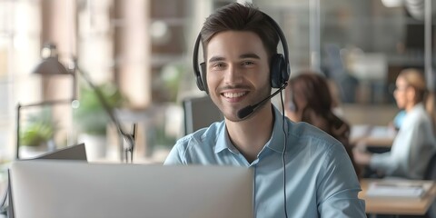 Professional online customer service provided by a smiling man in a headset at the office. Concept Online Customer Service, Professional Setting, Smiling Man, Headset, Office Environment