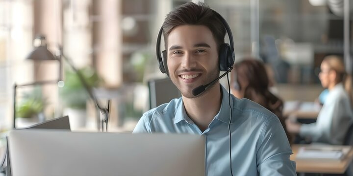 Professional online customer service provided by a smiling man in a headset at the office. Concept Online Customer Service, Professional Setting, Smiling Man, Headset, Office Environment