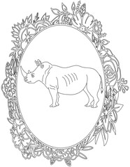 Obraz premium Rhino in A Floral Frame Coloring Page. Printable Coloring Worksheet for Kids. Educational Resources for School and Preschool.