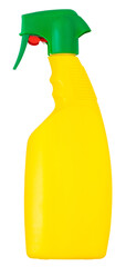 Yellow bottle spray isolated on white background with clipping path. Gardening pesticide and plant care or household cleaning supplies. Useful item for online shopping commerce banner and mockup.