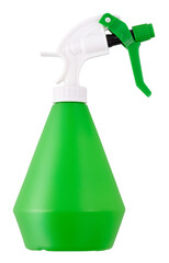 Green bottle spray isolated on white background with clipping path. Gardening pesticide and plant care or household cleaning supplies. Useful item for online shopping commerce banner and mockup.