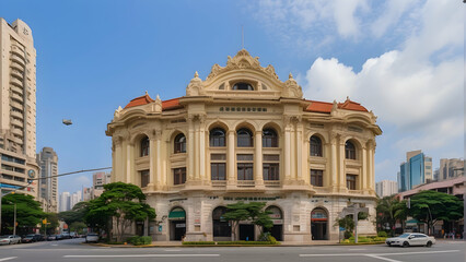 Historic corner building with red roof