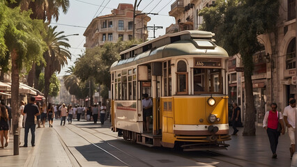 Naklejka premium Historic yellow tram on lively city street