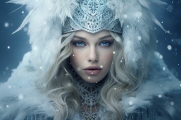 Artistic portrayal of an ice queen with mesmerizing blue eyes amidst falling snowflakes