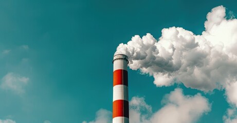 Industrial chimneys emitting large cloud of white and gray smoke into the sky, air pollution, environmental pollution.