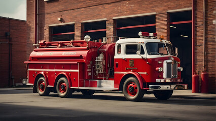 Vintage fire truck parked outside a station