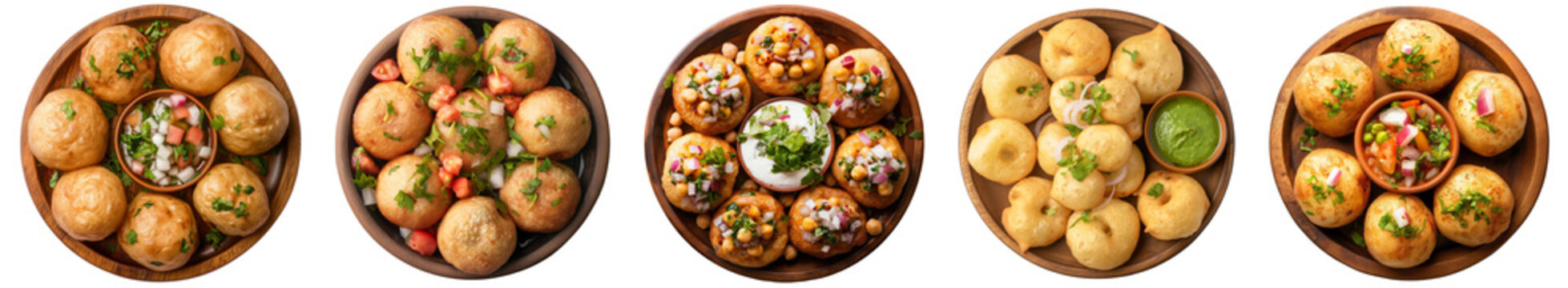 crispy round Panipuri in plate  with mixture of potato, onion, chickpeas, tamarind water, garnished cilantro, and dollop of yogurt, isolated transparent PNG, Indian traditional local food top view