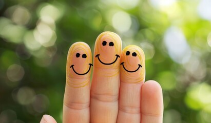 Three fingers with smiley faces drawn on them.