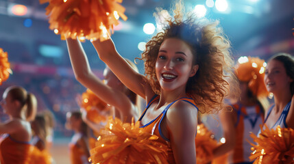 Cheerleader group dancing with pom-poms at basketball stadium. 
