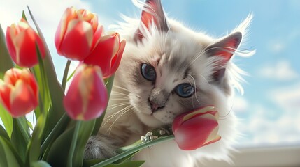 Cute Ragdoll Cat Holds Bouquet of Tulips for Mother's Day