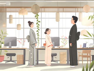 Japanese business man and woman in traditionally wear  secretly chatting during work hours. Set in a modern open office with desks and computers