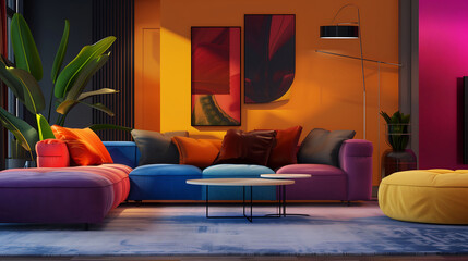 Modern interior with colorful and elegant furniture, creating a vibrant atmosphere in the living room