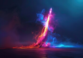 Rocket taking off and colorful smoke coming out of its tail, startup and business concept.