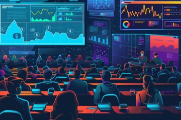 A scene showing a university lecture with students learning about DeFi technology, symbolizing the educational aspect of decentralized finance