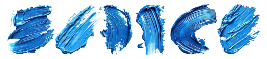 Strokes of blue acrylic paint isolated on a transparent background. Set of brush strokes