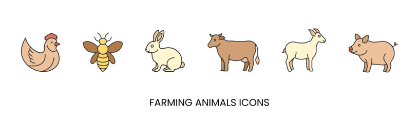 Vector chicken, bee, rabbit, cow, goat, pig, meat icons, farm animals. Trendy colors. Isolated on a white background. Editable stroke