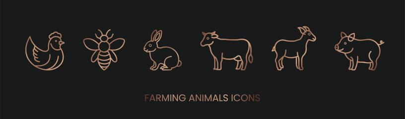 Obraz premium Vector chicken, bee, rabbit, cow, goat, pig, meat icons line bronze style, farm animals. Trendy colors. Isolated on a white background. Editable stroke