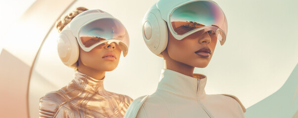 Women adorned in futuristic attire, featuring pastel hues