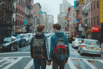 Fototapeta premium Two young men with backpacks are crossing a city street, holding hands
