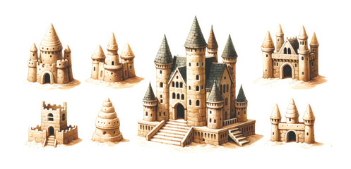 Obraz premium Assortment of intricate sandcastles isolated on white background, reminiscent of summer fun and childhood beach vacations