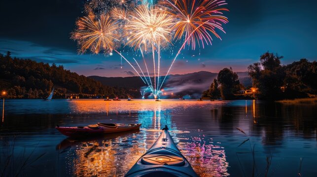 A lone kayak on a tranquil river with a backdrop of stunning fireworks for an intimate Independence Day celebration