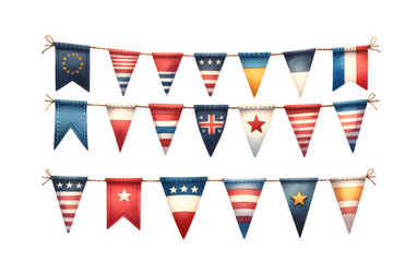 Festive bunting flags with various national designs isolated on white, symbolizing cultural diversity and international celebrations like Europe Day and Independence Day