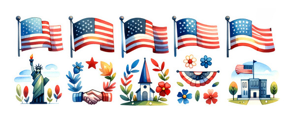 Colorful watercolor illustrations of American flags, Statue of Liberty, patriotic handshake, and other USA symbols, ideal for Independence Day and President's Day concepts