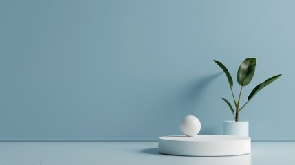 A minimalist still life composition with a white sphere on a round platform and a green plant in a pot against a pale blue background