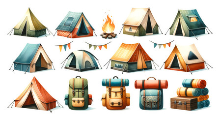 Assorted camping gear vector illustrations, featuring various styles of tents, backpacks, and a campfire, ideal for outdoor adventure and National Camping Month themes