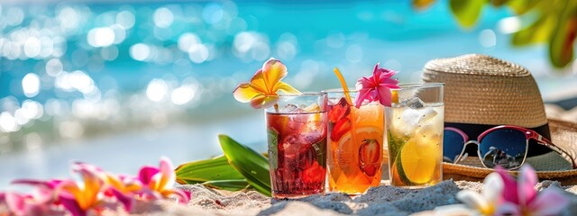 Fototapeta premium Beautiful exotic cocktails on the beach. Selective focus.