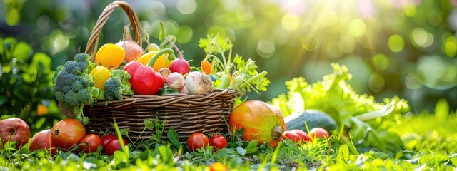 Basket with vegetables and fruits. Selective focus.