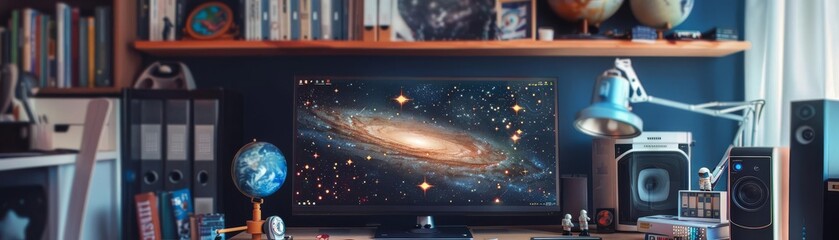 A space enthusiast s desk with a computer wallpaper of the galaxy, models of spacecraft, and astronomy books