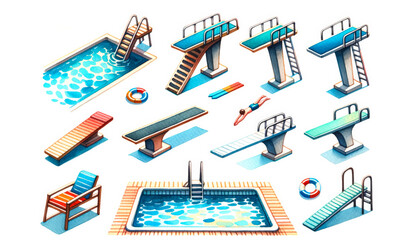 Isometric illustration of various colorful diving boards and pools, ideal for leisure, summer, and sports-themed designs