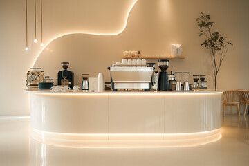 interior of coffee bar, A serene interior design of a cafe or coffee bar, exuding minimalist elegance with clean lines and warm tones