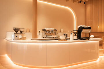 modern coffee bar, A serene interior design of a cafe or coffee bar, exuding minimalist elegance with clean lines and warm tones