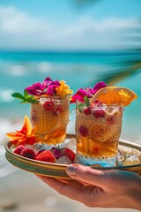 Beautiful exotic cocktails on the beach. Selective focus.