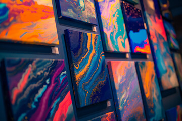 close up of colorful background, A vibrant display of paintbrush artistry and creativity, showcased against captivating backgrounds at an eclectic exhibition