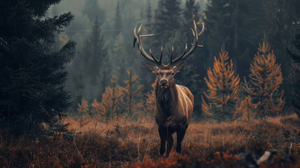 Majestic stag standing in a foggy autumn forest