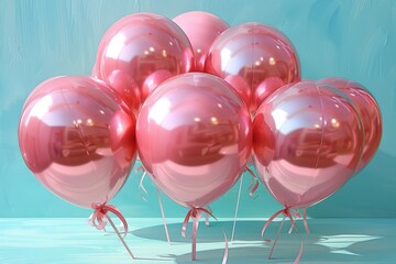 Cluster of glossy pink metallic balloons tied with ribbons on a teal background