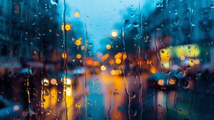 Raining on the street, through the window with raindrops and blurred city lights in the background