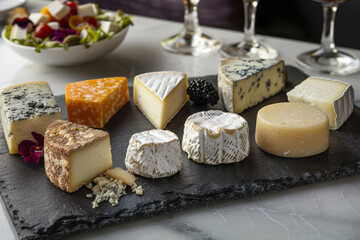 An enticing selection of gourmet cheeses arranged artfully on a slate platter, showcasing a variety of textures, flavors, and colors. 