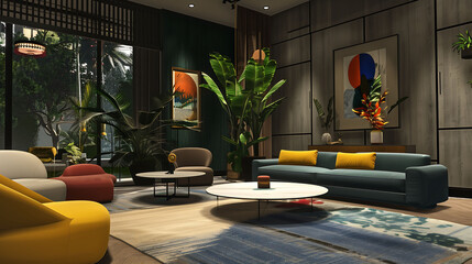 Sophisticated living space adorned with sleek and colorful furniture pieces, enhancing the modern aesthetic